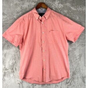 Tommy Hilfiger Mens Large Short Sleeve Button Down Shirt Coral Red 100% Cotton